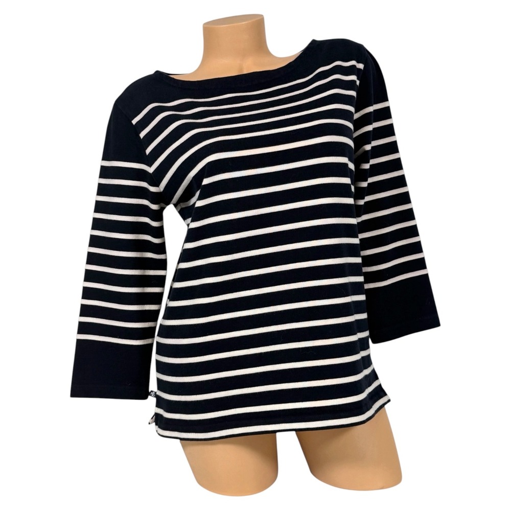 Lauren Ralph Lauren Womens Navy Blue White Striped Boat Neck 3/4 Sleeve Top M
